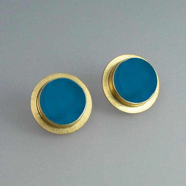 Button Earrings in Gold with Vintage Cyan Glass picture