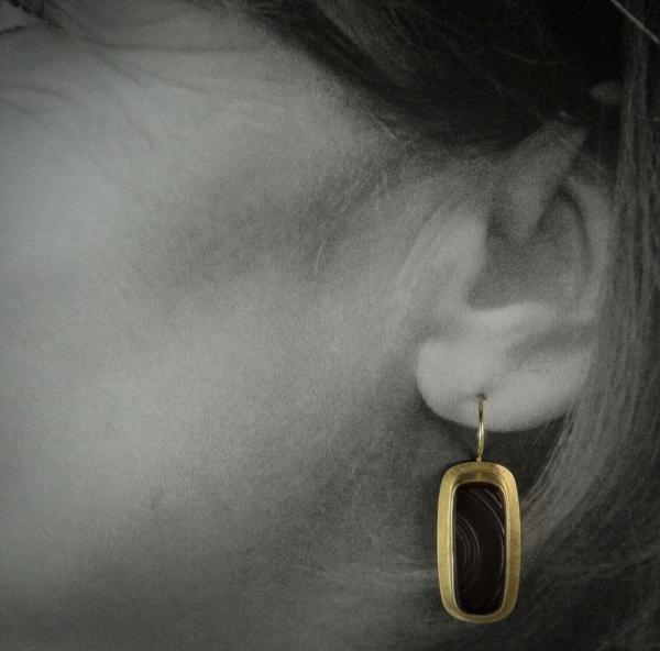 Long Rectangle Earrings in Gold with Vintage Root Beer Bottle Glass picture