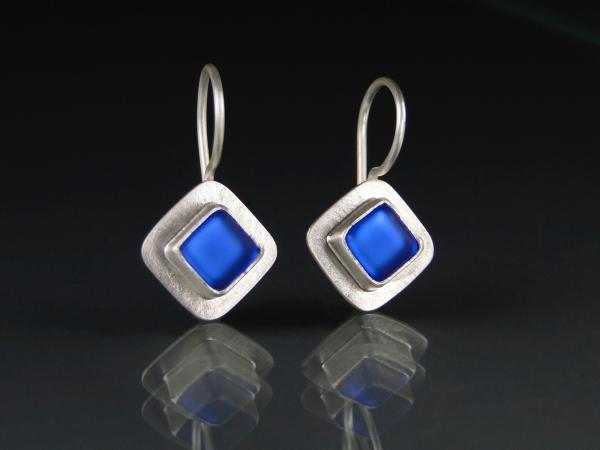 Small Diamond Shaped Wire Earrings in Silver with Sapphire Blue Glass picture