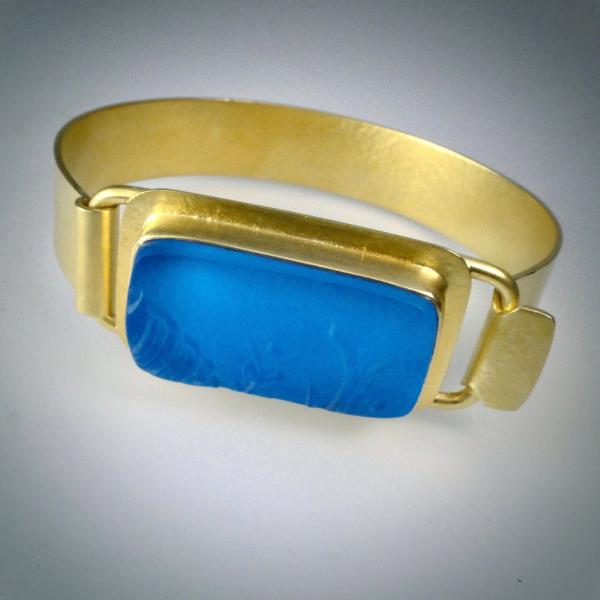 Special Vintage Pressed Blue Glass Cuff Bracelet in Gold picture