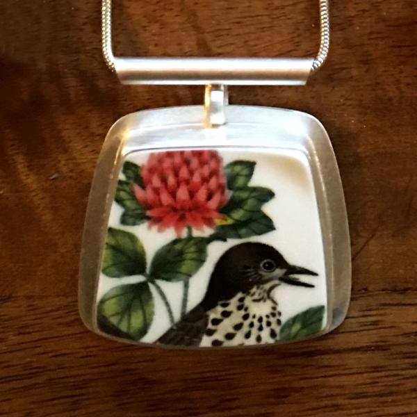 Red Clover and Hermit Thrush Portrait Bar Necklace