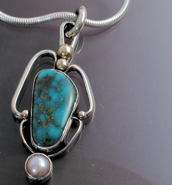 Silver & Gold Turquoise & Pearl Pendant picture