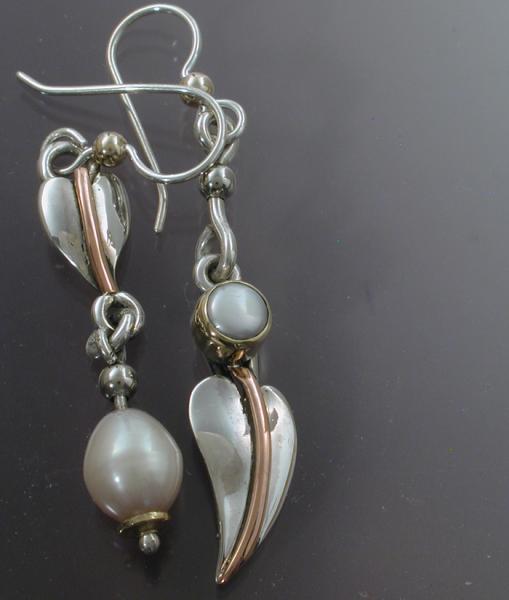 Asymmetrical Leaf Earrings of silver, copper & gold with Fresh water pearls