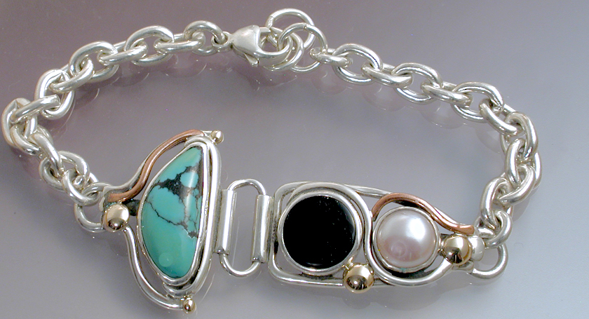 Link Bracelet with Turquoise, pearl & black onyx