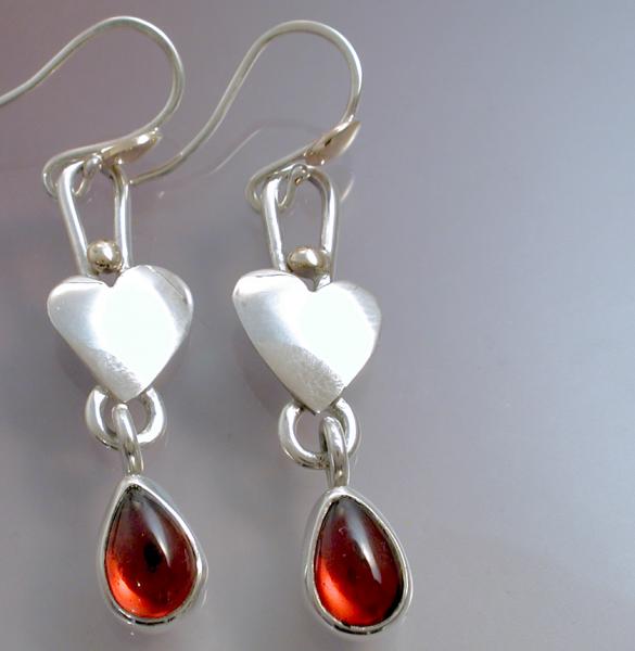 Silver and gold heart & garnet earrings