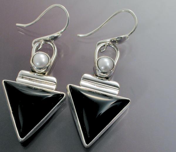 Triangular Black Onyx & Pearl Earrings