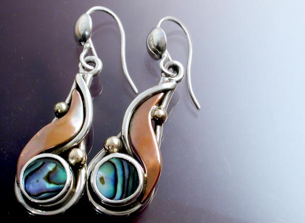 Abalone Silver, Copper & Gold Earrings