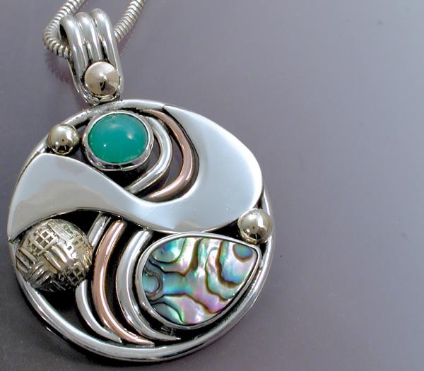 Abalone & Chrysoprase Circle Wave Pendant