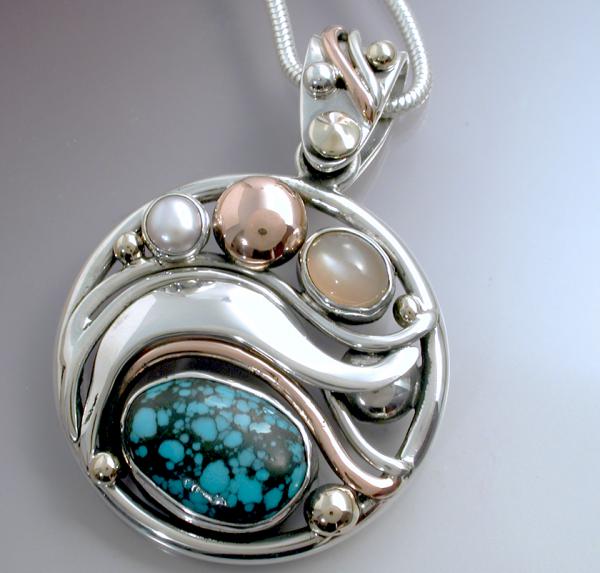 Circle Wave Pendant with Turquoise, moonstone & pearl
