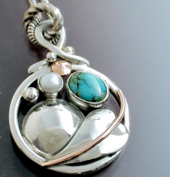 Circle Leaf Pendant with Turquoise & Pearl