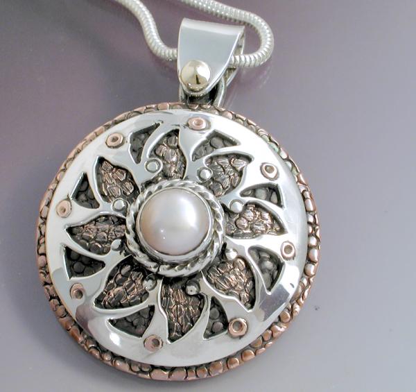 Silver & Copper Pearl Mandala pendant picture