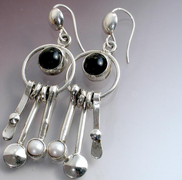 Black onyx and pearl dangle earrings