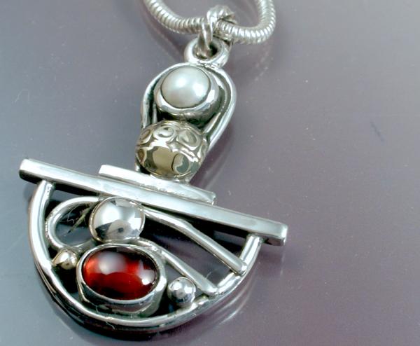 Metal Mix Pendant with Garnet & Pearl