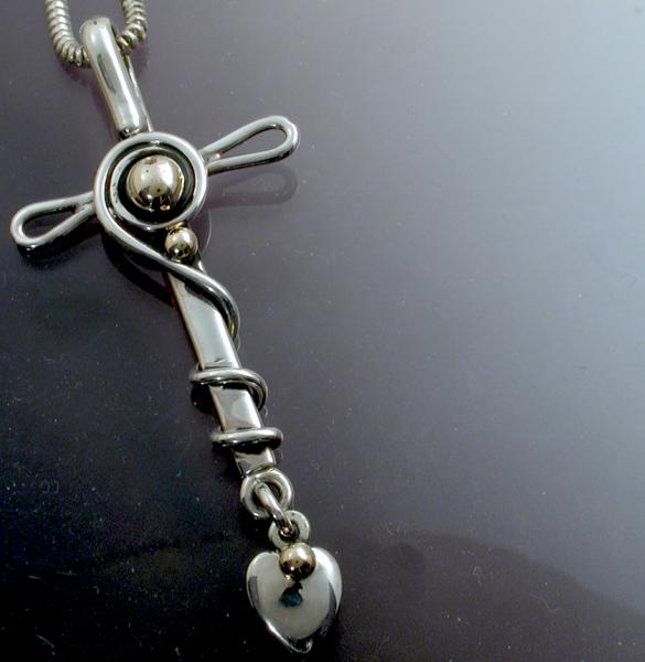 Spiral Cross with Hanging Heart