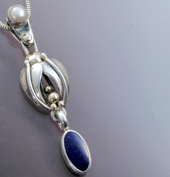 A 2 Leaf Pendant with Lapis & Pearl picture