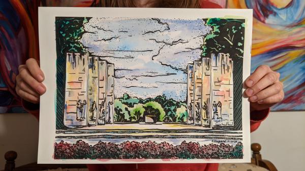 Hand Water Colored Virginia Tech War Memorial Court 9"x12" Letterpress Print picture