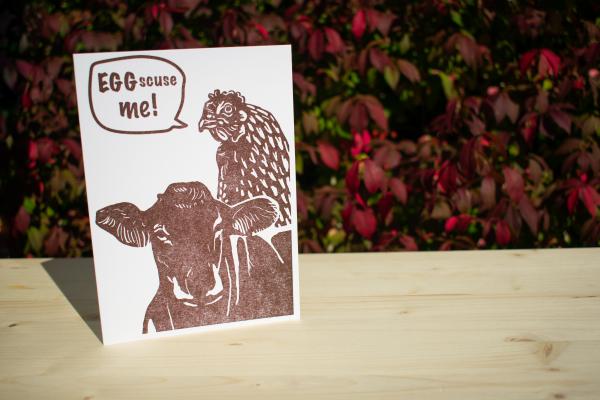 Egg-Scuse Me 5"x7" blank letterpress greeting card picture