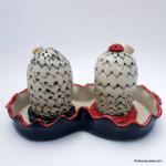 Textured Black, White & Red Salt And Pepper Shaker Set with tray