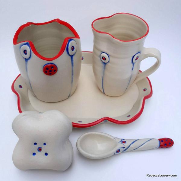 Vanilla Button Creamer and Sugar Set with Spoon and Ceramic Tray picture