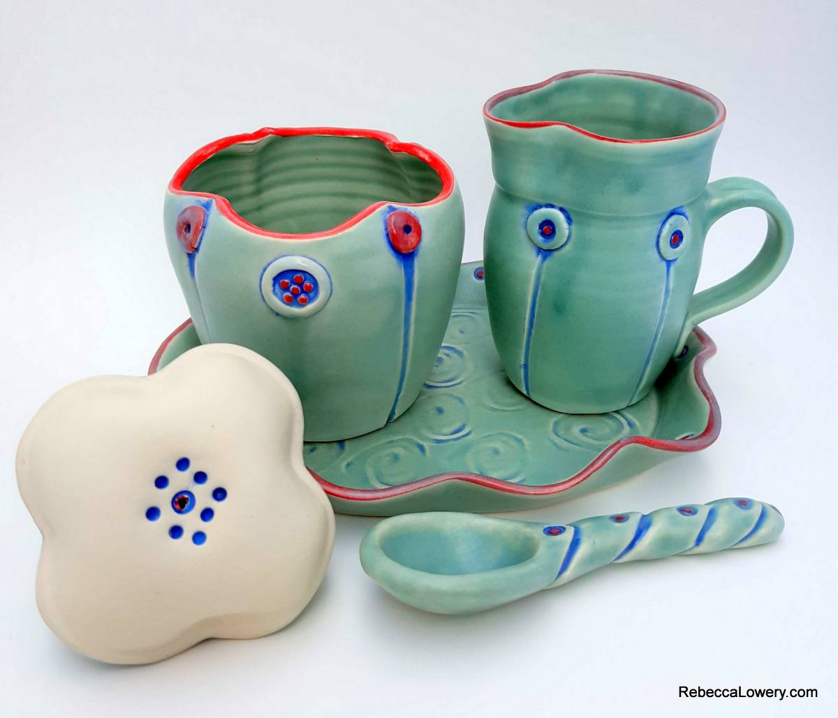 Green Button Creamer and Sugar Set with Spoon and Ceramic Tray picture