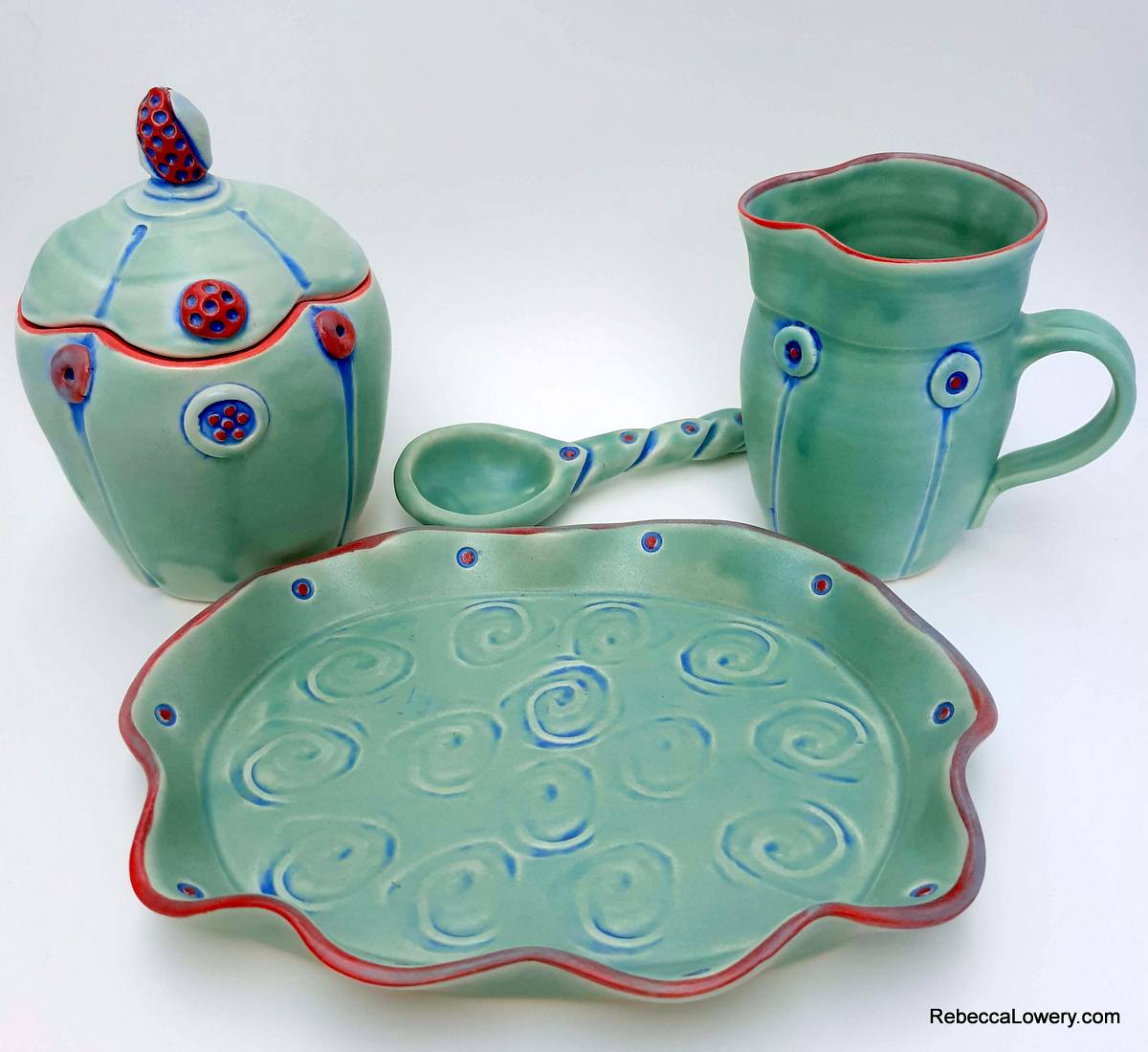 Green Button Creamer and Sugar Set with Spoon and Ceramic Tray picture