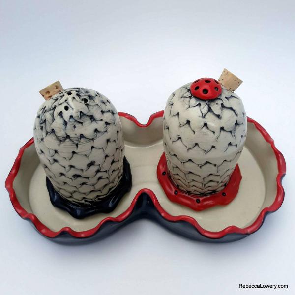 Textured Black, White & Red Salt And Pepper Shaker Set with tray picture