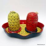Textured Red, Yellow & Black Salt And Pepper Shaker Set with tray