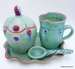 Green Button Creamer and Sugar Set with Spoon and Ceramic Tray