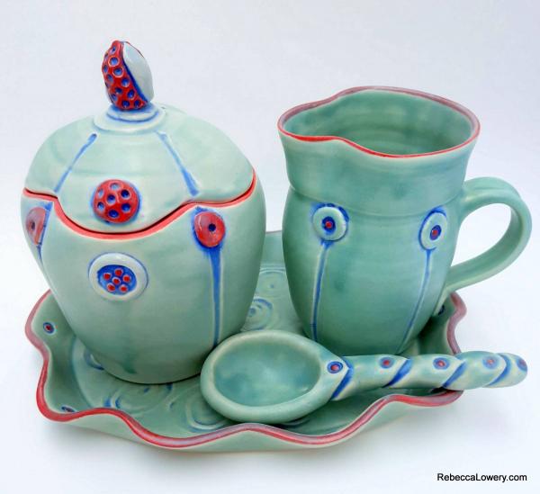 Green Button Creamer and Sugar Set with Spoon and Ceramic Tray picture