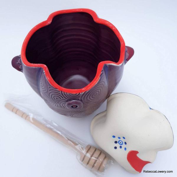 Purple Honey Pot with Rattle Lid and Wooden Honey Dipper picture