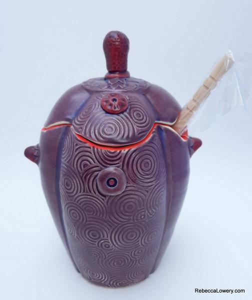 Purple Honey Pot with Rattle Lid and Wooden Honey Dipper picture