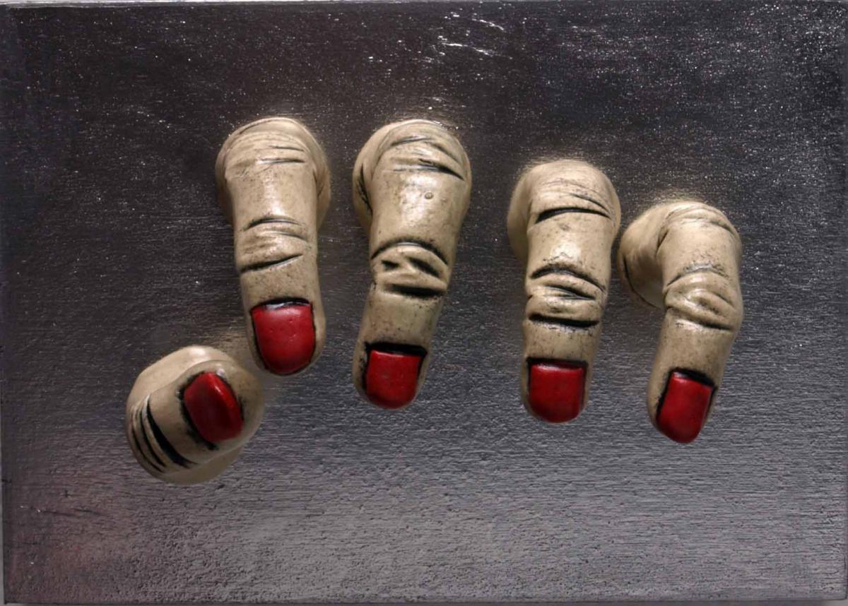 White With Red Nails Grasping Wall Sculpture picture