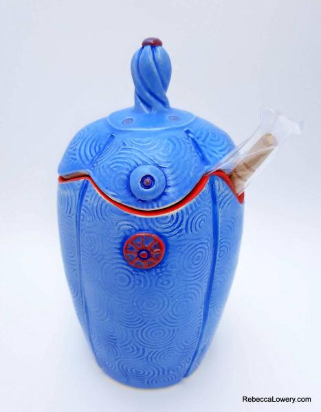 Periwinkle Blue Honey Pot with Rattle Lid and Wooden Honey Dipper picture