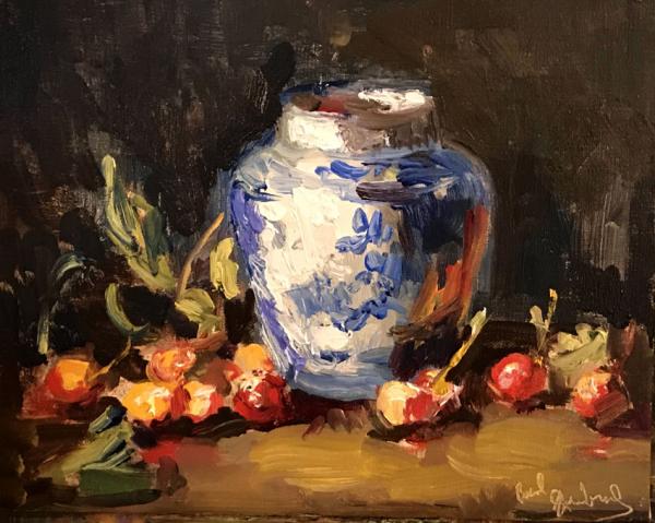 Blue and White Vase with Rainier Cherries picture