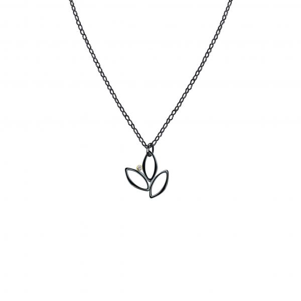 Ella Oxidized Mini Three Leaf Necklace with Gold & Gemstone