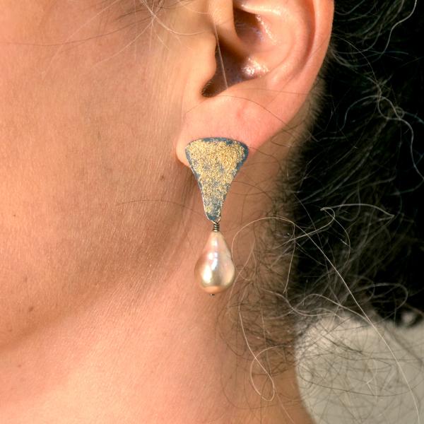 Soft Triangular Earrings w fussed 22k and large pearls picture
