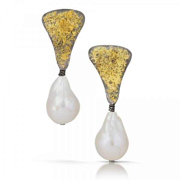 Soft Triangular Earrings w fussed 22k and large pearls picture