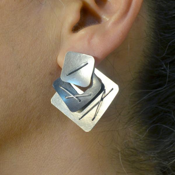 Three Piece Layered Earring with Large Bright Silver Top picture