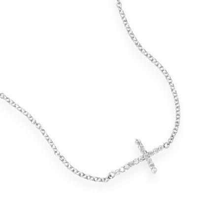 Silver Sideways Cross Necklace with CZ's