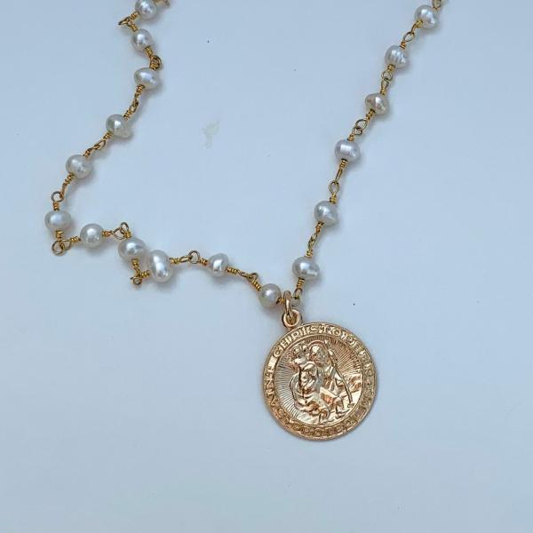 Traveler's Guardian | Pearl Choker with St Christopher Medal picture