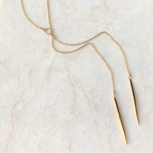 Gold Y Necklace with Eternity Ring & Long Spikes | Lariat