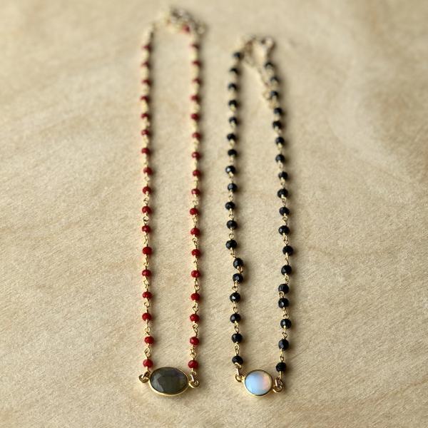 Black or Coral Beaded Chokers with Gemstone Focal