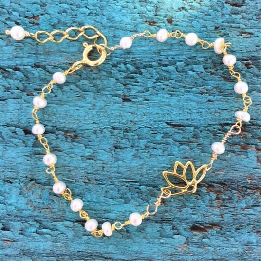 Lotus and Gold String of Pearls Bracelet or Choker Necklace