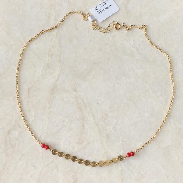 Gold Choker Necklace with Disc Chain and Ruby