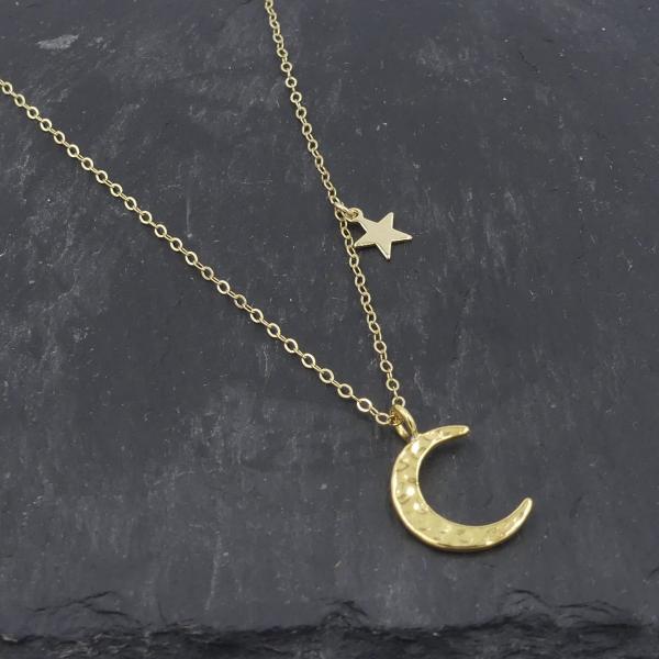 Hammered Moon and Star Necklace | Gold or Silver picture