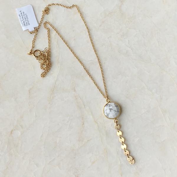 Gold Y Necklace with Howlite Gemstone and Disc Chain