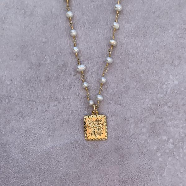 Pearl Choker with Honey Bee Tag |  IMK Jewelry