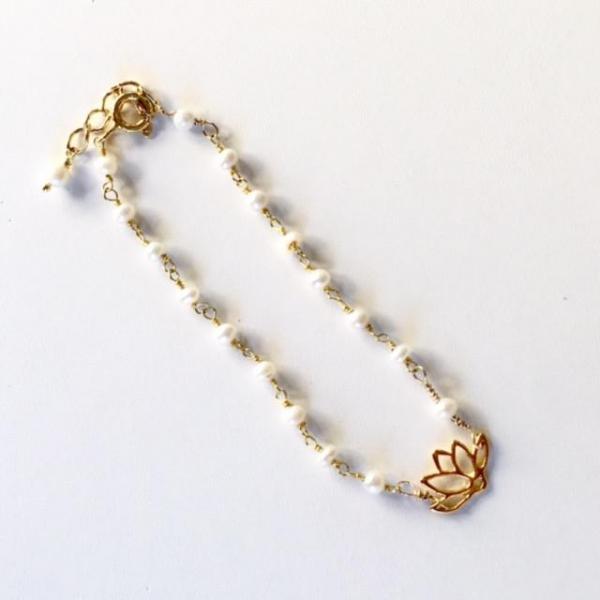 Lotus and Gold String of Pearls Bracelet or Choker Necklace picture