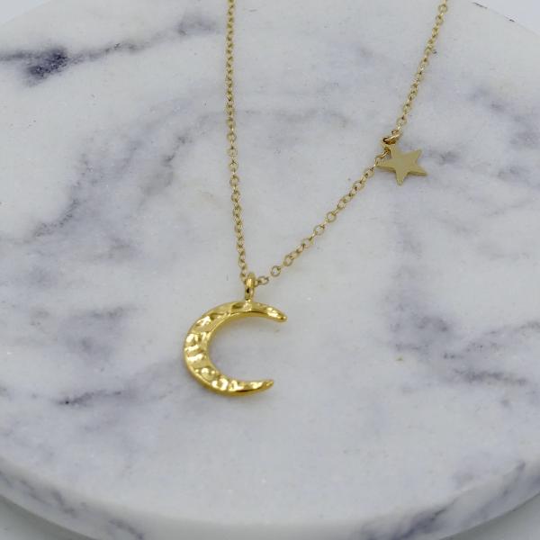 Hammered Moon and Star Necklace | Gold or Silver picture