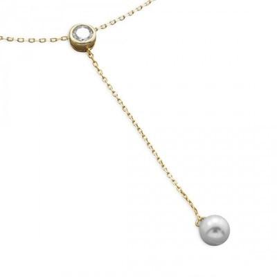 14k Gold Vermeil Pearl and CZ Y Necklace picture